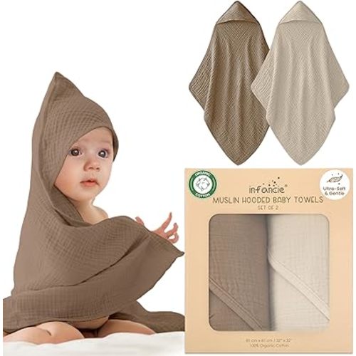 Organic Cotton Muslin Baby Hooded Towels - 32x32 Inch, 2 Pack Newborn Bath Towels for Boys & Girls, Soft & Absorbent Bath Set (Olive/Ivory)