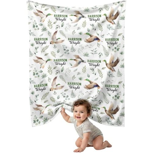 Mallard Duck Baby Blanket for Boys Girls, Personalized Name Baby Blankets, 3 Sizes Soft Fleece Blanket for Toddler Newborn, Lightweight Bed Nursery Blanket, Hunting for Son Daughter