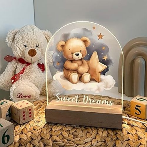 Teddy Bear Frame Night Light Up Table Wood Base LED Desk Stand Plaque Nursery Decor Sweet Dreams Night Light Kids Baby Toddler Children Cute Bear Lamp Custom Christmas/Birthday Gift - Made in America