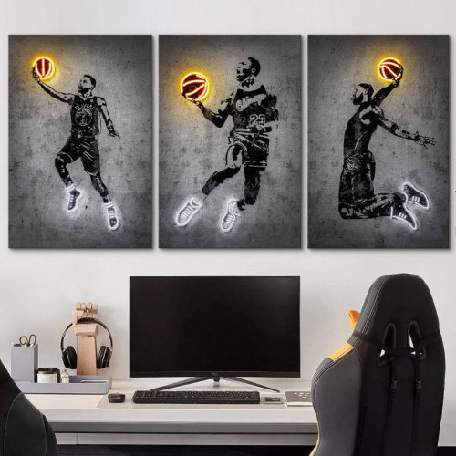 IDEA4WALL Neon Light Basketball Player Slam Dunk Sports & Fitness, Athletes Pop Modern Boy's Bedroom Portrait Pictures, Giclee Canvas Digital Print Framed Wall Art | Wayfair