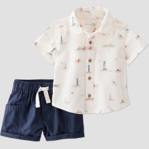 Little Planet by Carter's Baby Boys' Organic 2pc Coastal Woven Set - Ivory/Navy Blue 12M