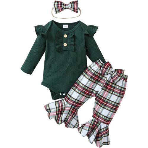 Kuriozud Newborn Baby Girl Bell Bottom Outfit Ruffle Romper Cute Bow Flare Pants Set Headband Cute Clothes
