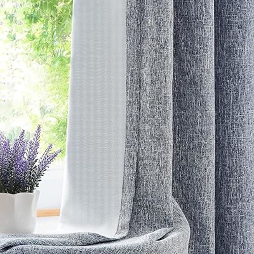 Indigo Solid Full Blackout Curtain Heavy Linen Texture Window Treatment for Bedroom Noise Reducing Triple Weave Drapes 8 Grommets Top for Living Room with Liner, Navy Blue, 50" x 63", 2 Panels