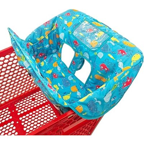 2-in-1 Shopping Cart and High Chair Cover for Baby, Padded Cover, Fold'n Roll Style, Portable with Carry Bag (Blue Seaworld)