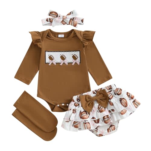Saliuentm Newborn Baby Girl Football Outfit Rugby Print Long Sleeve Romper Bloomers Shorts Socks Headband Fall Clothes 4Pcs