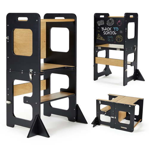 Jolie Vallee 4-in-1 Foldable Kitchen Toddler Standing Tower with Chalkboard,Desk Table and Chair,Kids Kitchen Step Stool with Anti-tip Structure Design for Toddlers 12 Months,Black