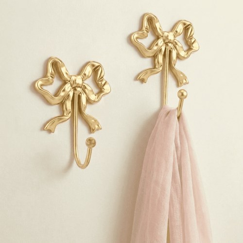 Lzvxtym 2 Pcs Decorative Bow Wall Hook,Cast Iron French Retro Large Hook with Screw,Coquette Home Decor for Bathroom Bedroom Nursery,Gold Color