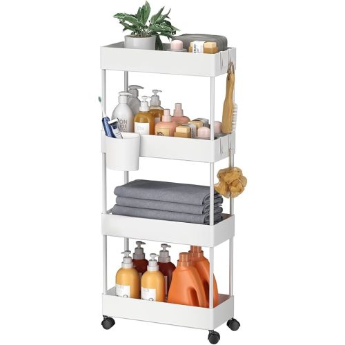 Pipishell 4 Tier Slim Storage Cart with Wheels, Laundry Cart, White