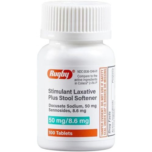 Rugby 2 in 1 Stimulant Laxative Plus Stool Softener Docusate Sodium 50 mg/Sennosides 8.6 mg - 100 Tablets