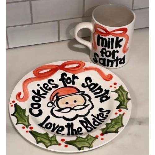 Personalized Santa Plate and Mug Set: Hand-Painted Holly and Ribbon Christmas Cookies