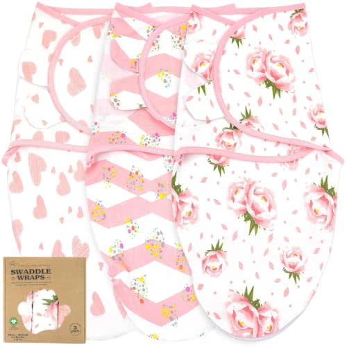 Newborn Swaddle Blanket 3-Pack, S/M 0-3 Months, GOTS Certified Organic Cotton, Adjustable Hook-and-Loop Wrap, Soft Breathable Sleep Sack, Reduces Startle Reflex for Boys & Girls