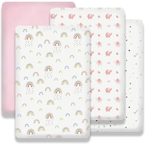 Mini Crib Sheets 4 Pack, 38"x 26" Extra Soft Microfiber Pack and Play Fitted Sheet for Mini Crib & Pack and Play Mattress, Playpen Sheet Fitted for Baby Girls,Rainbow