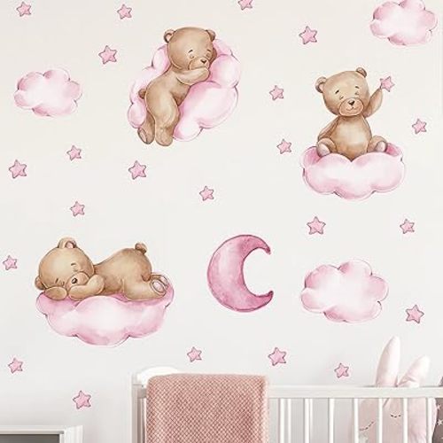 Cute Pink Sleeping Baby Bear Wall Stickers, sacinora Moon and Stars DIY Art Wall Decals Removable Vinyl Peel and Stick for Girls Kids Baby Nursery Bedroom Toddler Room Kindergarten Decorations