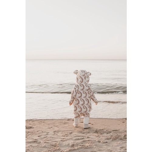 Baby Romper with Hood – Cotton Baby Jumpsuit – Newborn Outfit with Ears – Soft Brown Leaf Print – Infant Snowsuit