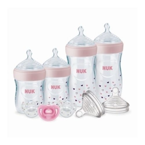 NUK Simply Natural Bottle with SafeTemp, 9 Piece Gift Set, Pink Hearts