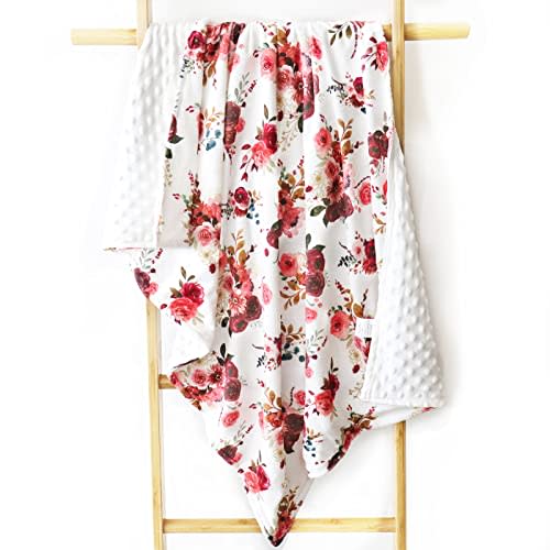 SWESEN Baby Blankets for Girls, Minky Newborn Blanket with Dotted Backing, Double Layer Nursey Bed Blanket, Burgundy Watercolor Floral, 30 X 40 Inch
