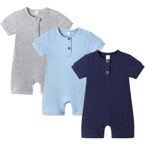 Bafeicao Baby Boy Girl 2/3 Pack Solid Romper Ribbed Short/Long Sleeve Bodysuit Jumpsuit Infant Knitted Outfits Clothes