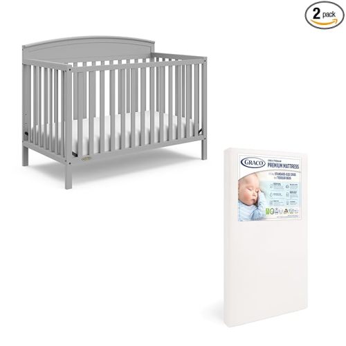Graco Benton 5 in 1 Convertible Crib with Graco Crib Mattress, Pebble Gray