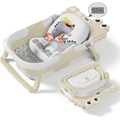 Collapsible Baby Bathtub for Newborn, Foldable Baby Bath Tub with Thermometer & Soft Floating Cushion & Drain Hole, Portable Travel Infant Bath Tubs for Newborns to Toddlers 0-36 Months Boys, Beige