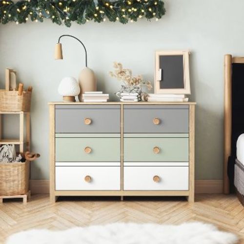 Galano Kids 6-Drawer Dresser with Multi-Tone Fronts in White 46.1" W x 15.8" D x 31.3" H
