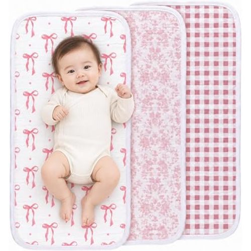 Gilprop 3 Pack Pink Changing Pad Liners for Baby Girl, Bow Floral Baby,