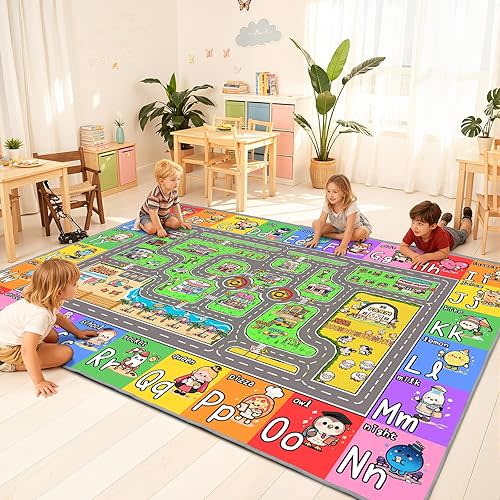 Kids Road Rug for Playroom, Bedroom, Classroom, 5x7 Kids Car Rug Play Mat with Alphabet, Car Track - Educational Kid Playmat, Non-Slip & Soft ABC Rugs for Nursery, Daycare & Elementary
