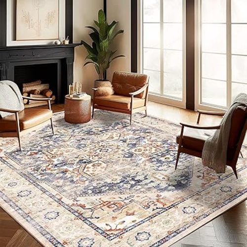 Washable Area Rug 8'x10' Blue Khaki Retro Boho Design Non-Shedding Non-Slip Easy Care Ideal for High Traffic Areas in Living Room Bedroom Office Coffee Table Kitchen Large Carpet