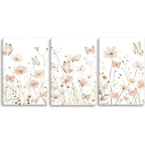 3 PCS Pink Butterfly Wildflower Canvas Wall Art Butterfly Painting Poster Nursery Room Wall Decor Pink Wildflower Pictures for Girls Living Room Bathroom Bedroom Home Decoration 12*16 in ( Stretched Canvas on A Wooden Frame)