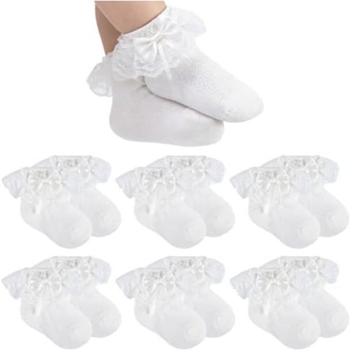 6 Pairs White Baby Girl Ruffle Socks with Ribbon Bow Cotton Ankle Lace Fancy Dress Socks Newborn Infant Toddler Girls