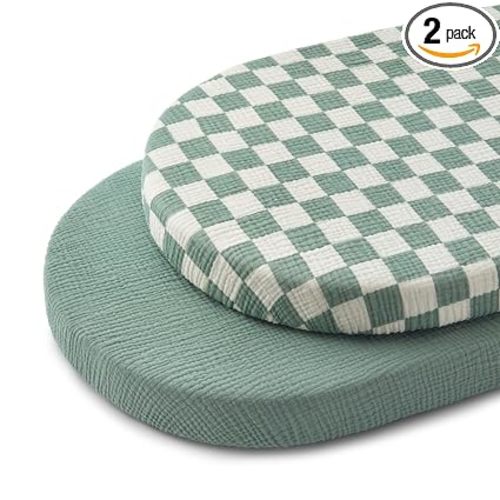 Blissful Diary Muslin Bassinet Sheets, 2 Pack, Sage Checkboard & Sage Green | fitted for bassinet mattress, soft and breathable cotton, boho style, easy care for machine wash, gift for boy and girl