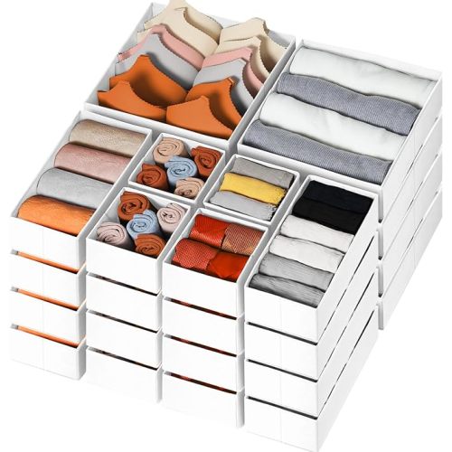 Criusia Drawer Organizer Clothes, 24 Pack Dresser Organizer Bins for Nursery Bedroom, Closet Organization and Storage Dividers for Clothing, Baby Clothes, Underwears, Socks (White)