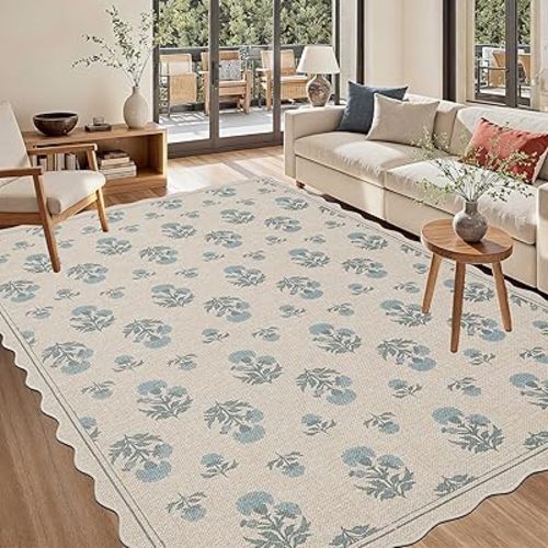 ORTIGIA Scalloped Easy Jute 5x7 Area Rug Vintage Blue Floral Farmhouse Washable Non-Slip Indoor Outdoor Carpet for Living Room Bedroom Patio Entryway