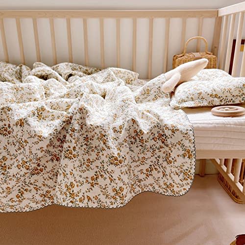 BuLuTu 4 Layer Toddler Blanket 100% Cotton Muslin Bed Blankets for Kids,Girls,Boys, with Cute Hibiscus Flowers Pattern Lightweight Thermal Baby Blanket, Super Soft Warm Crib Blanket, 47x51