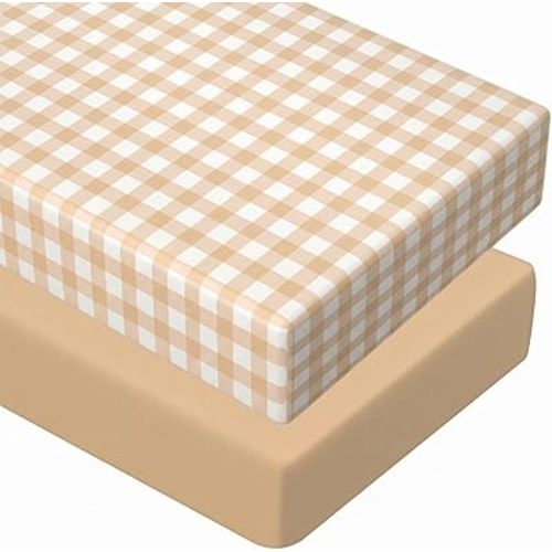 Peryiter 2 Pack Gingham Crib Sheets for Girls Boys Khaki Checkered Bed Sheet Set Fitted 52'' x 28" for Standard Crib Mattress Stretchable Soft Toddler Aesthetic Nursery Decor