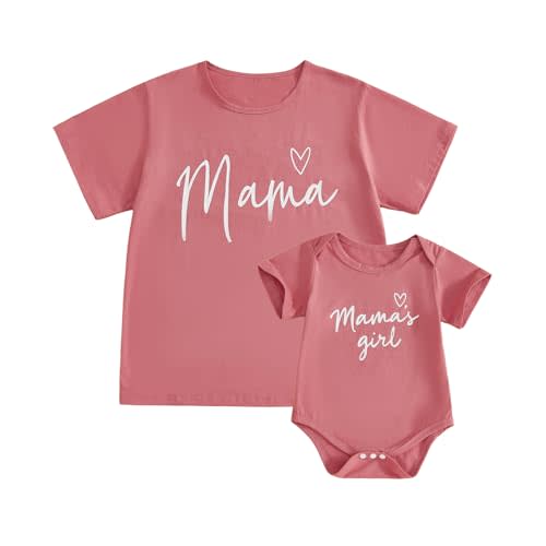 Mom and Daughter Matching Outfits Letter Heart Graphic Short Sleeve Baby Romper Mama Tee Mommy and Me Shirt
