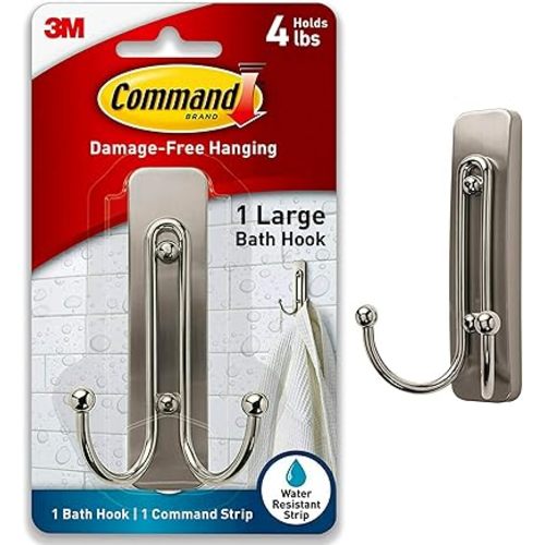 Command Large Satin Nickel Bath Double Hooks, 1 Hook, 1 Strip