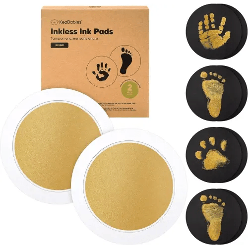 2-Pack Round Inkless Baby Hand and Footprint Kit - Mess Free Ink Pad for Newborn Keepsake, Dog Nose & Paw Print Kit, Clean Touch Ink Pad for Baby Hand & Footprints, Ideal New Mom Gifts (Gold)