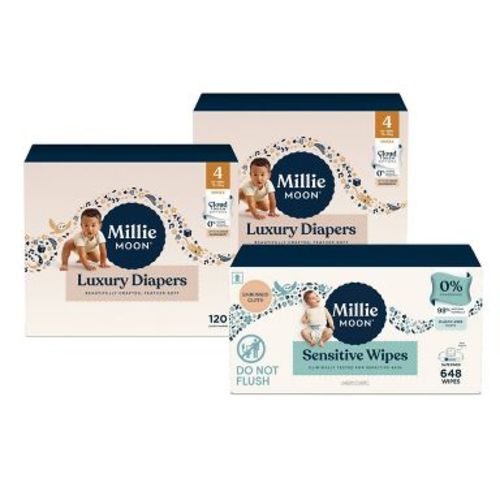 Millie Moon 2 Pack/120 Count Each/Size 4 Luxury Disposable Diapers + 648 Count Sensitive Baby Wipes