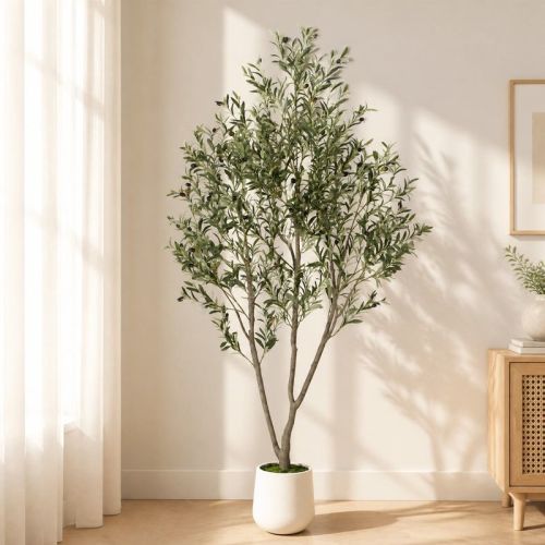 Romswi Olive Faux Tree, 7ft Tall Artificial Olive Tree with White Tall Pot, with Natural Leaves Lifelike Fruits for Home Office Decor Indoor