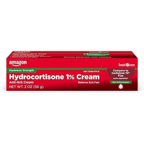 Amazon Basic Care Maximum Strength Hydrocortisone 1 Percent Anti-Itch Cream Plus 10 Moisturizers, 2 ounce (Pack of 1)