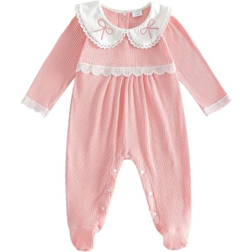 Newborn Coming Home Outfit Footed Romper Baby Girl Fall Clothes | Long Sleeve Doll Collar Romper, for Going Home Outfit, Hospital Outfit, for Fall Winter Clothes, for Baby Girl 0-12 Month
