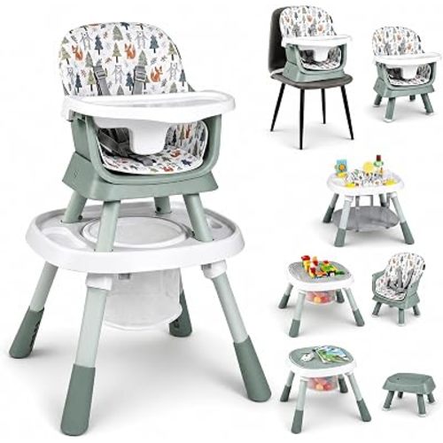HONEY JOY 16-in-1 Baby High Chair, Convertible Highchair for Babies and Toddlers/Booster Seat/Activity Center with Toys, Building Block Table & Stool, Safety Harness, Removable Cushion & Tray (Green)