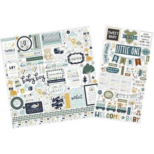 12x12 Baby Boy Stickers for Scrapbooking - Baby Boy Chipboard Die Cut Sheet - Newborn Photo and Baby Shower Album Embellishments, Milestone Book Supplies - Total 2 Items