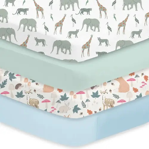 Little Grape Land Crib Sheets 4 Pack for Boys and Girls, Baby Neutral Crib Fitted Sheets for Standard Crib & Toddler Mattress, Super Soft Breathable Fitted Crib Sheet Set, Safari & Squirrel