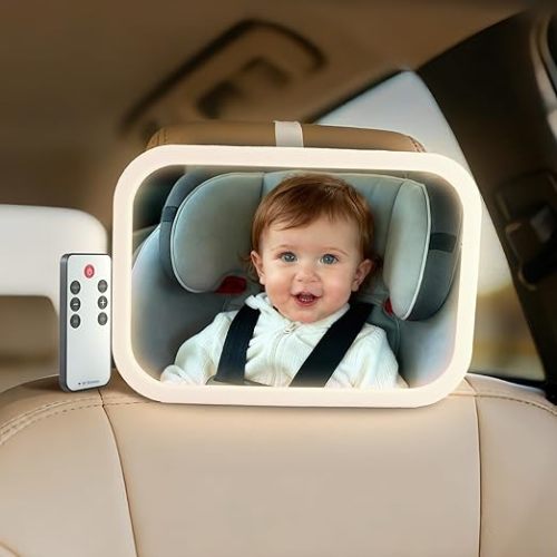 Baby Car Mirror with Remote Control Light, Shatterproof, 360° Adjustable Wide View with Night Vision, Easy Install for Rear Facing Infant Backseat (Voice gradient white)