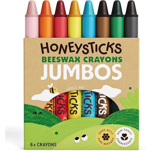 Honeysticks Jumbo Crayons (8 Pack) - Non Toxic Crayons - 100% Pure Beeswax and Food Grade Colors - 8 Bright Colors - Large, Easy to Hold and Use - Preschool Art Supplies for Toddlers/Kids 3-5, 4-8