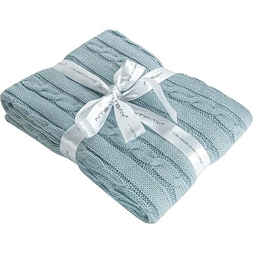 NTBAY 100% Pure Cotton Cable Knit Toddler Blanket, Super Soft Warm Breathable 30x40 Baby Blanket for Crib, Stroller, Nursery, Travel, Newborn, 30x40 Inches, Baby Blue