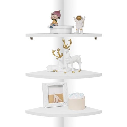 Joiishom Corner Wall Shelf Set of 3, Floating Corner Shelves for Wall, Rustic Wood Wall Storage Display Shelves for Living Room Bedroom Bathroom Kitchen (Round Edge-White)