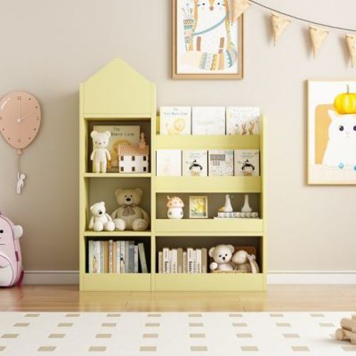 Kids Bookshelf Organizer with Cubbies and Baskets MDF Storage 39.5in for Nursery or Playroom Yellow-3irtyhousy
