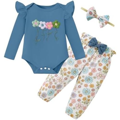 Baby Girl Clothes Newborn Infant Cotton Ruffle Romper+ Floral Pants + Headband Sets Fall Winter Outfits